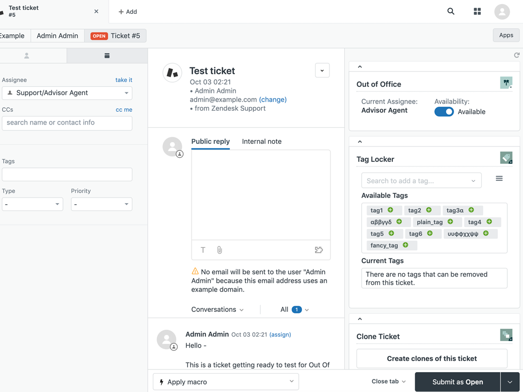 Out of Office feature detail — Product and Project Management app on the Zendesk Marketplace